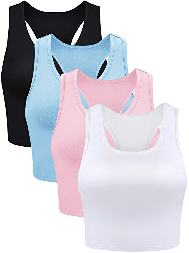 BOAO - Juego de 4 Camisetas básicas sin Mangas para Mujer, Camiseta Recortada, Espalda Cruzada, Negro, Blanco, Azul, Rosa., M