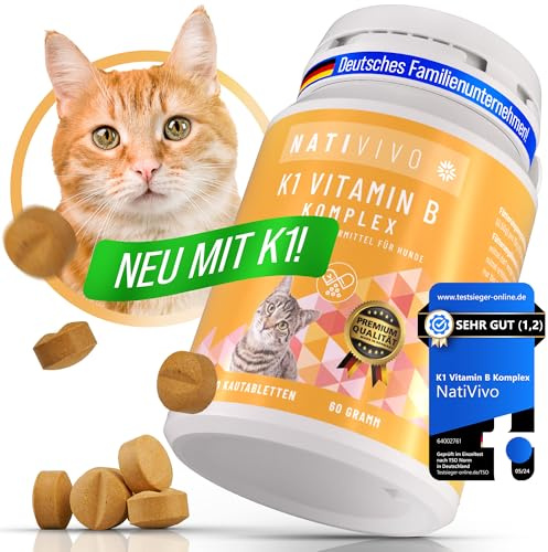 NATIVIVO K1 Vitamin B Komplex Katze - B12 & Folsäure - Made in Germany | Hochdosiert mit Vitamin B1, B2, B3, B5, B6 & B12 - Für Nervensystem & Stoffwechsel - Mit Vitamin K1 - 120 Tabletten