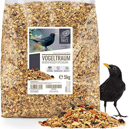 Wildtier Herz Wildvogelfutter mit Beeren und Früchte - Ganzjahresfutter für Wildvögel, Streufutter ohne Schale für Garten - Hanfsamen, Meisen- und Rotkehlchenfutter - 5kg