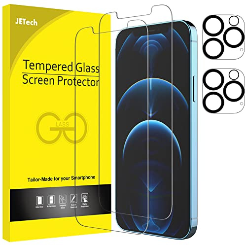 JETech Skärmskydd för iPhone 12 Pro, med Kameralinsskydd, 2+2-Pack | HD Klart Härdat Glas, Repskydd