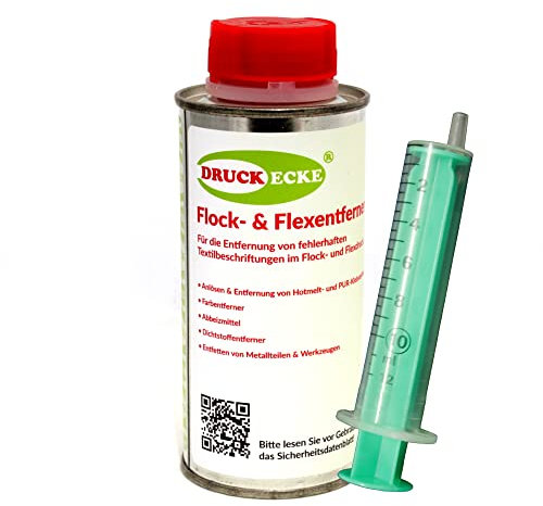 Druckecke Flexentferner Flockentferner Entferner Cleaner 200ml Flex Flock Lösungsmittel + Spritze und Kanüle Industrieprodukt (Grundpreis 139,75 € / 1 L - Produkt ohne Spritze berechnet)