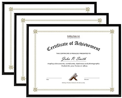 Golden State Art, 8.5x11 Aluminum Frame, Real Glass, Metal Frame for 8.5 by 11 inch Document, Certificate, Diploma. with Easel Stand (Black, 3 Pack)