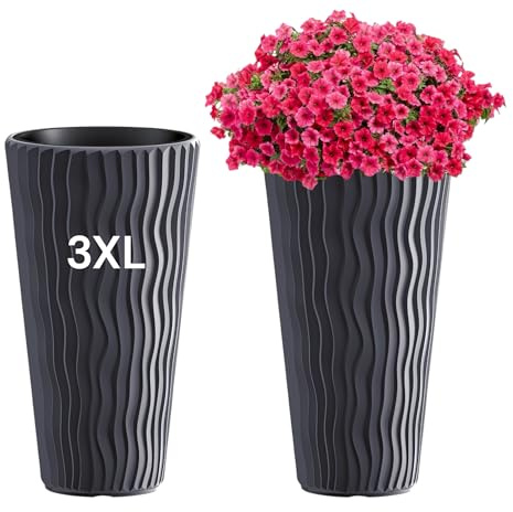 MELTOM Pflanzkübel 3XL hoch mit Einsatz, 3D-Welle 37,3 x 70,9 cm Anthrazit | Pflanzkübel 3XL: Gefäß 45 L, Einsatz 18 L mit Griffen – 3D-Wellenoptik für Wohnzimmer, Büro, Balkon, Terrasse und Garten
