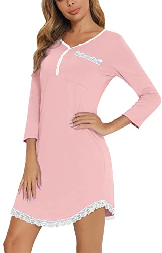 Yukiuiny Maglie Pigiama con Pizzo da Donna, Camicie da Notte in Cotone, Comodo Abbigliamento da Notte per Tutte Stagione,3/4 Maniche-Rosa/S