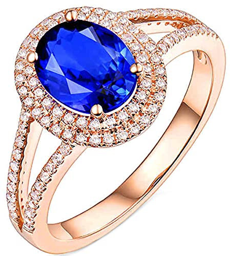 AMDXD Ringe Eheringe 18k Rotgold, 1.7ct Oval Blau Tanzanite mit 0.39ct Diamant Damenringe, für Hochzeit Verlobung, Rose Gold, Gr.57 (18.1)