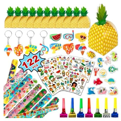Leesgel Hawaii Party Deko Kinder, 122pcs Hawaiian Mitgebsel Kindergeburtstag -Schlüsselanhänger Armbänder Geschenkbox Tattoo Aufkleber, Hawaii Deko Mitbringsel Kinder Tropical Sommer Ananas Deko Party