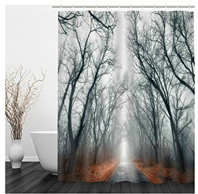 Whoiy Duschvorhang Schwarz Waschbar, Duschrollo Um Die Ecke 165X200cm Polyester Bath Curtains Waldweg Grau Wasserdicht