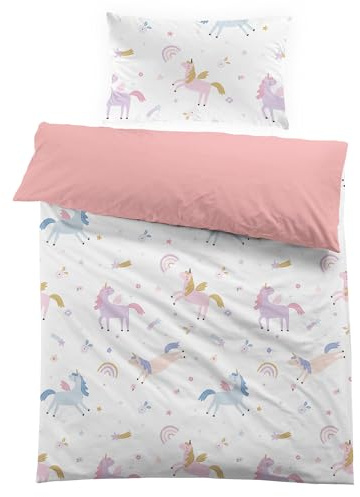 MUSOLEI Bettbezug Einhorn für Mädchen, 120 x 150 cm, für Kinder, weiße Rose, Mikrofaser, 3D-Druck, Bettwäsche für Einzelbett, mit Reißverschluss, mit Kissenbezug, 40 x 60 cm, Geschenk zum Geburtstag