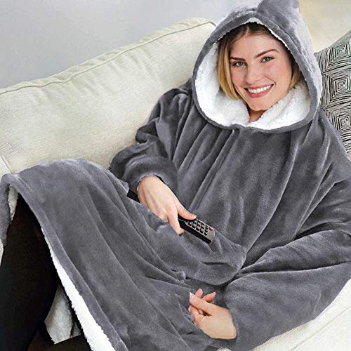 Nayoroom Übergroße Hoodie Sweatshirt Decke Damen Herren Blanket Hoodie Kuscheldecke mit Ärmeln Super Warme Pullover Decke mit Kapuze Flanell Tragbare Decke Riesen Kapuzenpullover Dunkelgrau