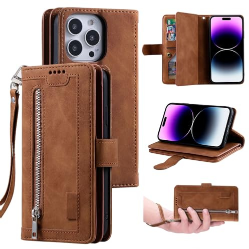 UEEBAI Hülle für iPhone 15 Pro Max, Retro Leder Klapphülle, Braun | Premium PU Handyhülle Magnetische Lederhülle mit 9 Kartenfächer Standfunktion Geldbörse Trageband Schutzhülle Wallet Case