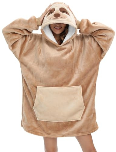 Faultier Hoodie Damen Oversize Sherpa Tragbare Decke mit ärmeln Wearable Blanket mit Kapuze übergroße Kapuzendecke Kuschelpullover Pulloverdecken Lustige Geschenk für Frauen(Faultier, M)
