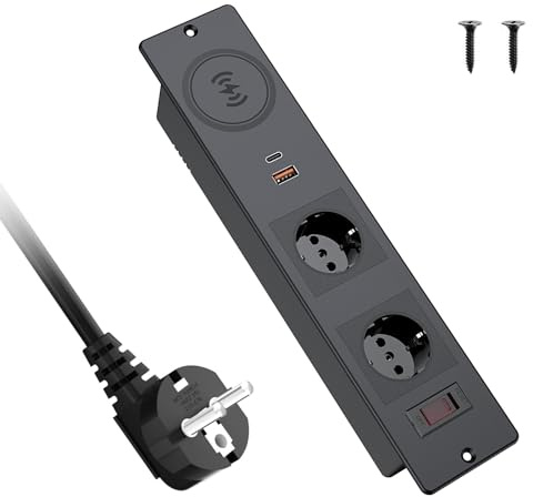 Inbyggt uttag med USB C, 2 uttag, skrivbordsuttag med USB A+C PD 20 W, bordskontakt med trådlös laddare 15 W, LED-strömbrytare, 2 m kabel, 250 W/16 A, svart.