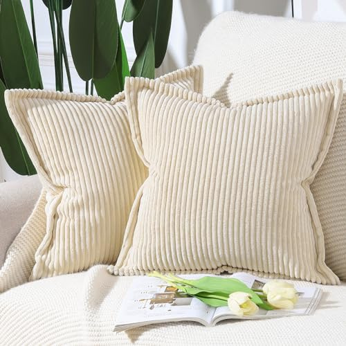 Madizz 2er Set Kordsamt Kissenbezug Gestreifte Kissenbezüge Breitseite Dekorative Strukturierte Wurfkissen für Sofa Schlafzimmer Kissenhülle Beige 40x40 cm