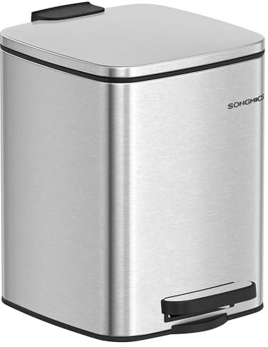 SONGMICS Kosmetikeimer, 6 Liter, Mülleimer Bad, kleiner Abfalleimer, Tretmülleimer, mit Pedal, für kleine Räume, mit Deckel, Softclose, Stahl, metallicsilber LTB590E02