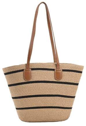 Nicole & Doris halmhandväskor för kvinnor sommar strandväska stor tygväska med dragkedja shoppingväska axelväska korgväska för semesterresor och vardag, Tjock rand, Large