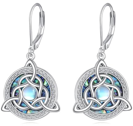 Keltische Mondstein Ohrringe für Damen925 Sterling Silber Dreifaltig Keitsknoten Tropfen Bügel Ohrringe Irischer Schmuck Geschenke für Mädchen (Mondstein Ohrring)