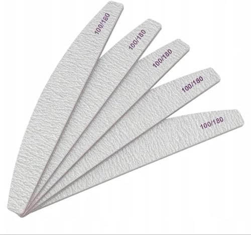 5 Pcs Professional Nail Files - 100/180 Grit, Double-Sided Washable Half-Moon Emery Boards for Nail Shaping, Manicure, and Salon or Home Use