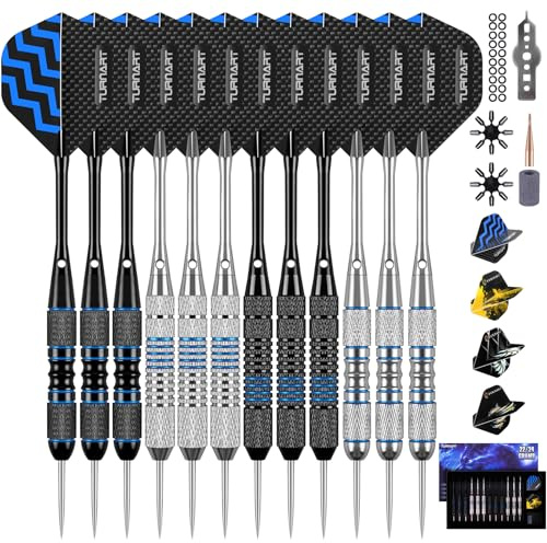Turnart Darts Metal Tip Set - Steel Tip Darts Darts Set Professional Metal Darts 12 pcs 22/24 Grams Pro Dart Set with Stylish Case Aluminum Shafts Extra 9 Flights