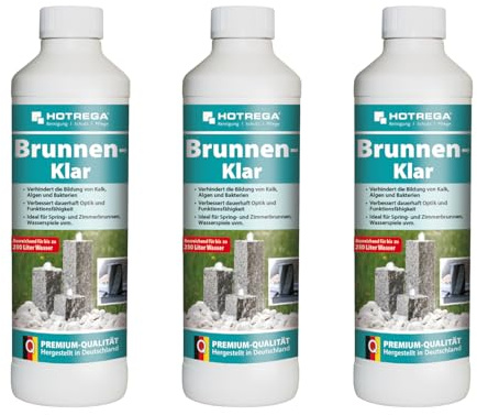 HOTREGA Brunnen-Klar 3x 500 ml | Brunnenreiniger gegen Algen & Kalk | Konzentrat für Wasserspiele, Zierbrunnen & Quellsteine | Schützt Pumpen vor Schleim | 1,5 L reicht für 750 L Wasser