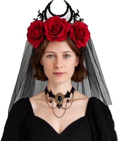 FairyPeach Halloween Haarreif,Stirnband Rosen Totenkopf Kopfschmuck Haarband Hair Hoop,Tag Der Toten,Gothic Schleier Haarschmuck Fledermaus,Halloween Cosplay Accessoires,Karneval,Fasching,Mottoparty