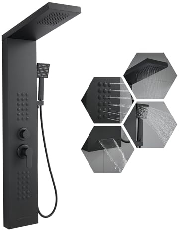 KINKIB Shower Panel Tower System with Rainfall Shower Head, Powerful Body Jets, Matte Black Shower Tower with Handheld Shower and Tub Spout, Stainless Steel Shower Column High Pressure
