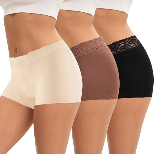 INNERSY Boxer Mujer Algodon con Encaje Bragas Culotte Shorts Midi Pack de 3 | Ropa Interior Cintura Media, Calzoncillos Short Elástico, Pantalones Cortos Suaves y Cómodos, Entrepierna 100% Algodón