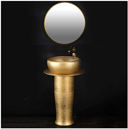 SnamicE Standwaschbecken 16x16 Modernes Keramikwaschbecken fürs Badezimmer, goldenes zylindrisches Standwaschbecken fürs Badezimmer, Handwaschbecken für drinnen und draußen, mi,-with Mirror