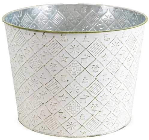 Runder Pflanztopf Winterdeko, Pflanzkübel in Ø 25 x 19 cm, Grün - Metall Pflanzschale als Weihnachtsdeko - Dekorative Blumenschale für Zimmerpflanzen, Blumentopf für Fensterbank oder Garten