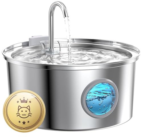 Fuente para gatos de acero inoxidable, muy silenciosa, 3,2 L, con ventana de nivel de agua, también adecuada para perros