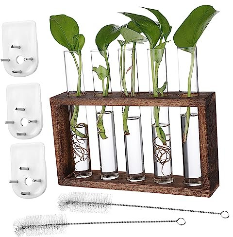 FONDOTIN 1 Set Wandhängende Pflanzer Mit 5 Röhren Und Holzständer Propagationsstation Für Pflanzen Inklusive Reinigungsbürsten Und Installationsnägel Tisch Terrarium Zubehör
