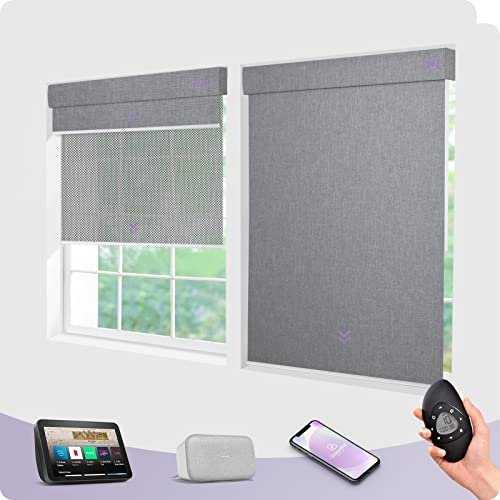 Motorized Smart Dual Roller Shades Blackout & Solar Electric Remote Control Compatible With Alexa and Google Light Grey with 3% Openness Silver Rechargeable