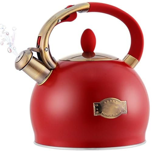 Bouilloire sifflante rouge 3,2 litres - Théière vintage en acier inoxydable de qualité alimentaire avec poignée ergonomique Cool Touch - pour thé et café