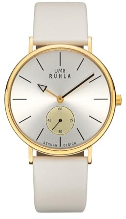 RUHLA-stil damklocka – diskret klass med karaktär – IP-guldhus i rostfritt stål Ø 40 mm – beige urtavla – decentrisk sekundvisning – beige läderarmband – Made in Germany, Beige