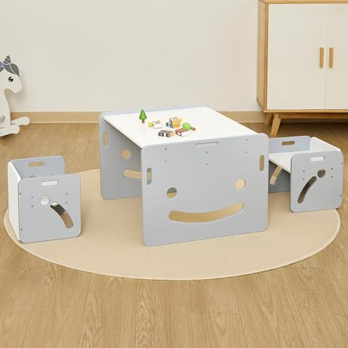 FUNLIO Montessori Höhenverstellbares kindertisch mit 2 stühlen für 1-3 Jährige, hochwertiger Massivholz Kinder Tisch Stuhl Set, zum Lesen/Essen/Spielen, einfach aufzubauen – Grau