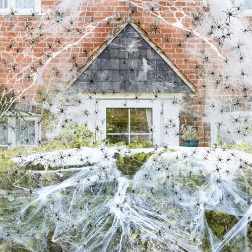 Decorazione ragnatela di Halloween – 350 mq ragnatela estensibile con 25 ragni realistici – per esterni e interni, scena spaventosa casa infestata – finta ragnatela per giardino, portico, alberi