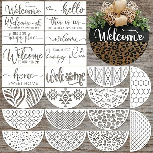 ZYMJBB Welcome Stencils for Painting on Wood Doormat, 22Pcs Half Round Reusable Stencil for Crafts,Brick Leopard Cow Print and Herringbone Patterns for Doormat Fabrics Stencils for Painting on Canvas