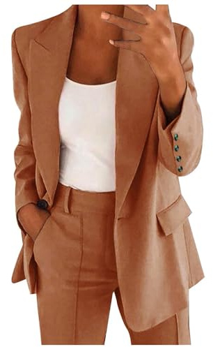 Conjunto de Traje Talla Grande, Trajes de 2 Piezas para Mujer Elegante, Chaqueta de Manga Larga con Bolsillos Blazer y Pantalones Corte Ajustado Color Sólido Elástico Trabajo Oficina