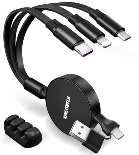 KINETIWELD 6-in-1 Multi Charger Cable with Aluminum Alloy Panel - 66W PD USB-C Fast Charger, CarPlay Enabled Data Sync Cable for Phone, Laptop, Tablet, and Car Use - Black