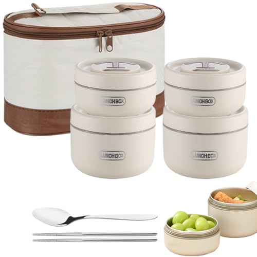 WRQIOO 4 Stück Thermo Lunchbox, Essen Warmhalten Behälter mit Tasche und Besteck, Stapelbarer Thermobehälter für Essen Mikrowellengeeignet für Zuhause,Büro,Picknick(2 * 450ML&2 * 650ML)