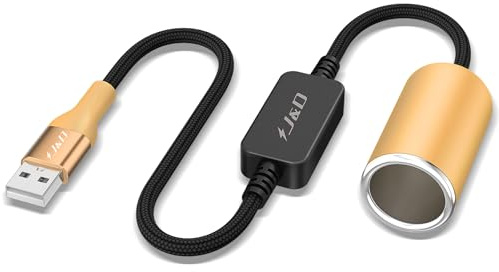 J&D Cable Convertidor USB A Macho a Toma de Mechero de Coche 12V Hembra, 30 cm, Adaptador de 12V 18W, Compatible con Cámara de Salpicadero, GPS, Tiras LED para Coche, Amarillo