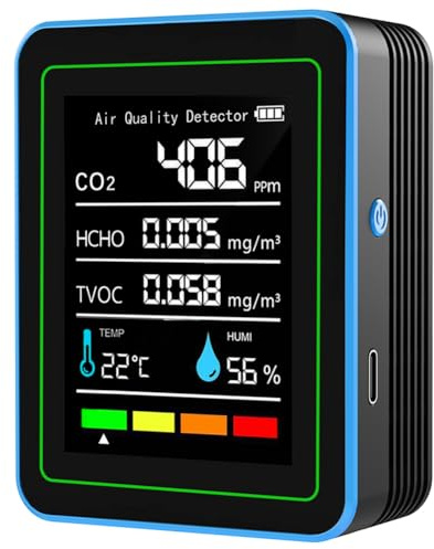 Détecteur de CO2 Moniteur de Monoxyde de Carbone, Moniteur Qualité de l'Air 5-en-1, Détecteur d'air, Charge USB, Mesure Température et Humidité, Portable, Moniteurs de Formol pour Maison
