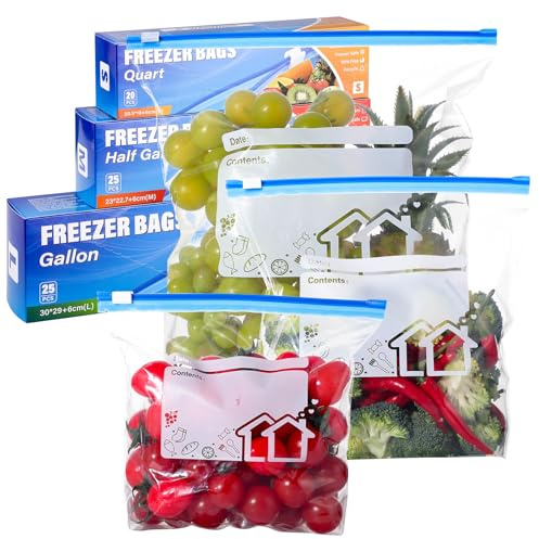 70 Pcs Food Storage Freezer Bags, Zip Lock Bags, Ziplock Bag, Sandwich Bag | 3 Sizes (4.55L, 2.27L, 1L), Reusable, with Expandable Bottom, for Fruits, Veggies, Meat, Snacks