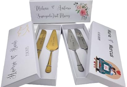 KIDDI-MEDIA Tortenheber-Set personalisiert, Gold | Messer & Heber mit Gravur, Geschenkbox mit Namensdruck und Grafik, Hochzeitsgeschenk, Jubiläum, Geburtstag, Taufe, Silber