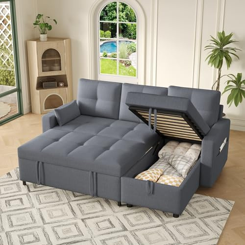 ZYLOYAL10 Modulares Schlafsofa, Modernes L-Sofa, ausziehbares Schlafsofa mit Schlaffunktion, ausgestattet mit Stauraum, herunterziehbarem Getränkehalter, geeignet für Wohnzimmer, usw. (Grau)
