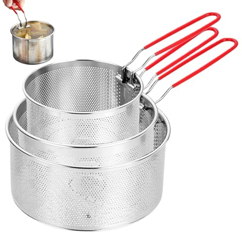 Nudelsieb Edelstahl 3er Set - 16/18/20 cm Mikroperforiertes Sieb mit Abnehmbarem Griff, Frittierkorb Küche für Waschen Abtropfen Frittieren Abseihen und Kochen von Nudeln Pommes Lebensmitteln