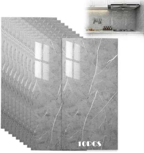 Set di 10 adesivi per piastrelle, effetto marmo, 60 x 30 cm, piastrelle autoadesive, impermeabili, effetto pietra, pannelli da parete per cucina e bagno, ristrutturazione paraspruzzi (grigio fulmine)