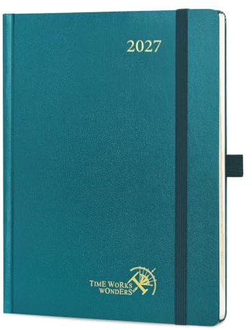 POPRUN Agenda 2027 Semainier Format Moyen(21.8 x 16,4 cm) | Couverture Rigide,Vertical Weekly Planner,De Jan 2027 à Déc 2027-12 Mois,Avec 2 Signet Rubans,Papier 100 g/m²,Vert Pacifique