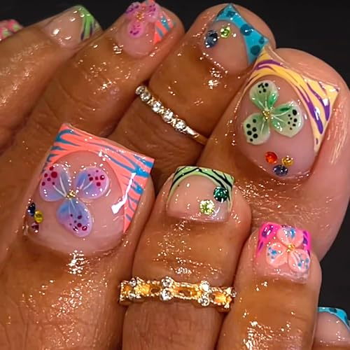 Viugex 24Pcs Faux Ongles Pieds Court Carré Rose Nude French Capsule Ongle Pied avec Strass Fleurs, Printemps Été Acrylique Couverture Complète Naturel Faux Ongles D'orteil à Coller pour Femmes Filles