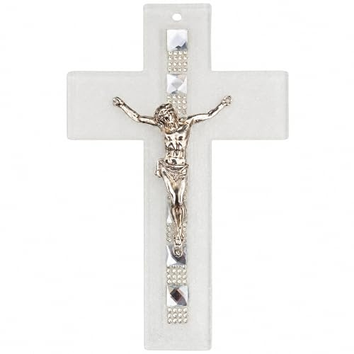 Lunexus Glaskreuz Wandkreuz 16 cm mit Strass - Kruzifix Silber, geweiht