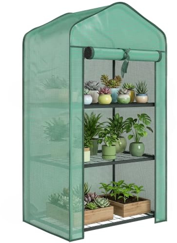 Outsunny Serra da Balcone a 3 Livelli Copertura PE 59x39x127cm Verde | Serra per Orto, Porta Avvolgibile, Struttura in Acciaio, per Piante Orto Verdure Fiori Frutta